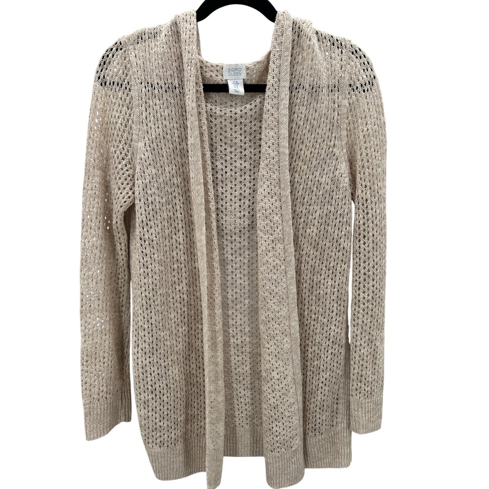 Sigrid Olsen Beige‎ Open Knit Hooded Cardigan Sweater Lightweight Linen Cotton M